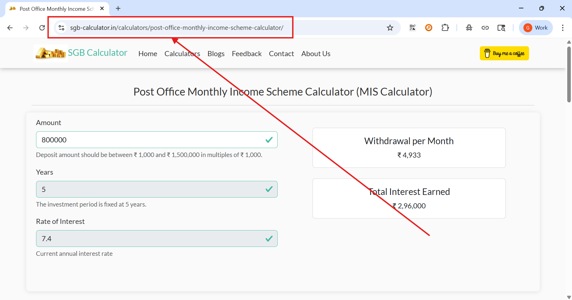 Navigate to the Post Office Monthly Income Scheme (MIS) Calculator page