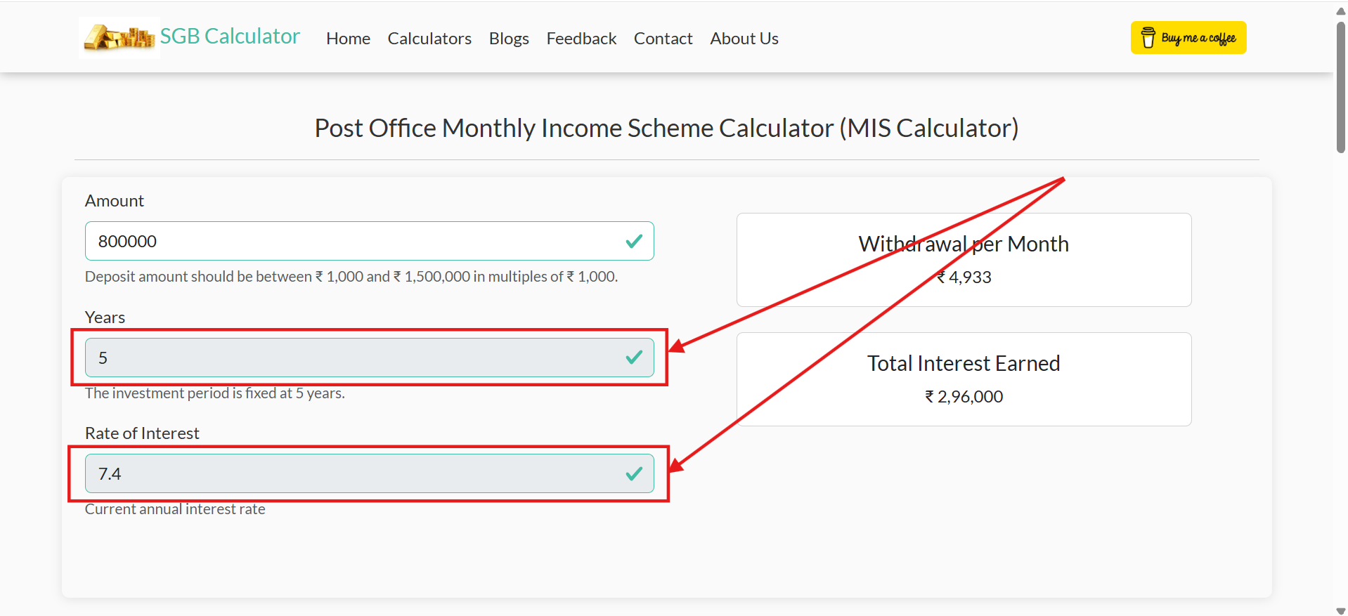 Verify the 5-year tenure and 7.4 percent annual interest rate in the MIS Calculator