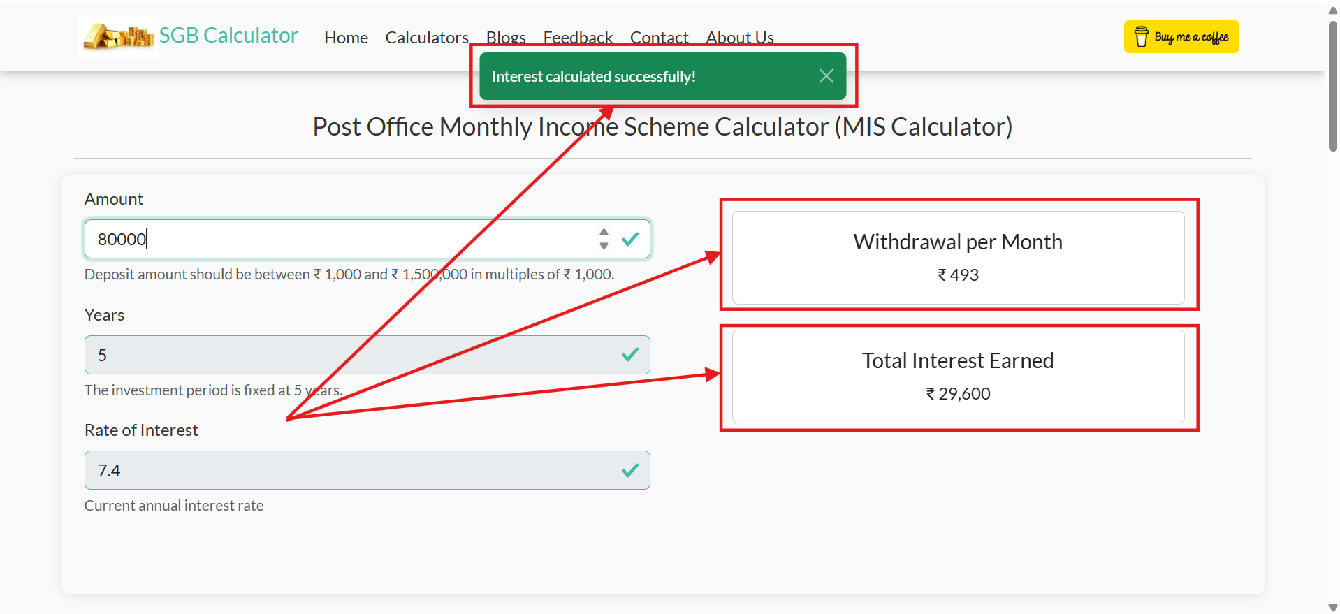 View the monthly income and total interest results in the Post Office MIS Calculator
